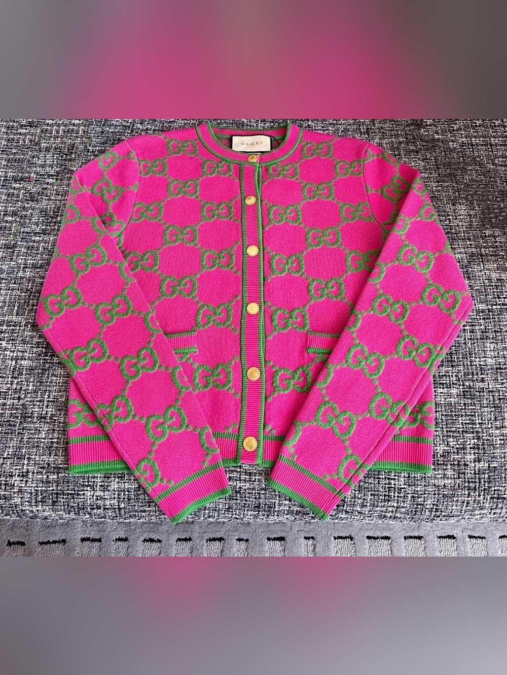 Gucci Pink and Green GG Logo Knit Cardigan